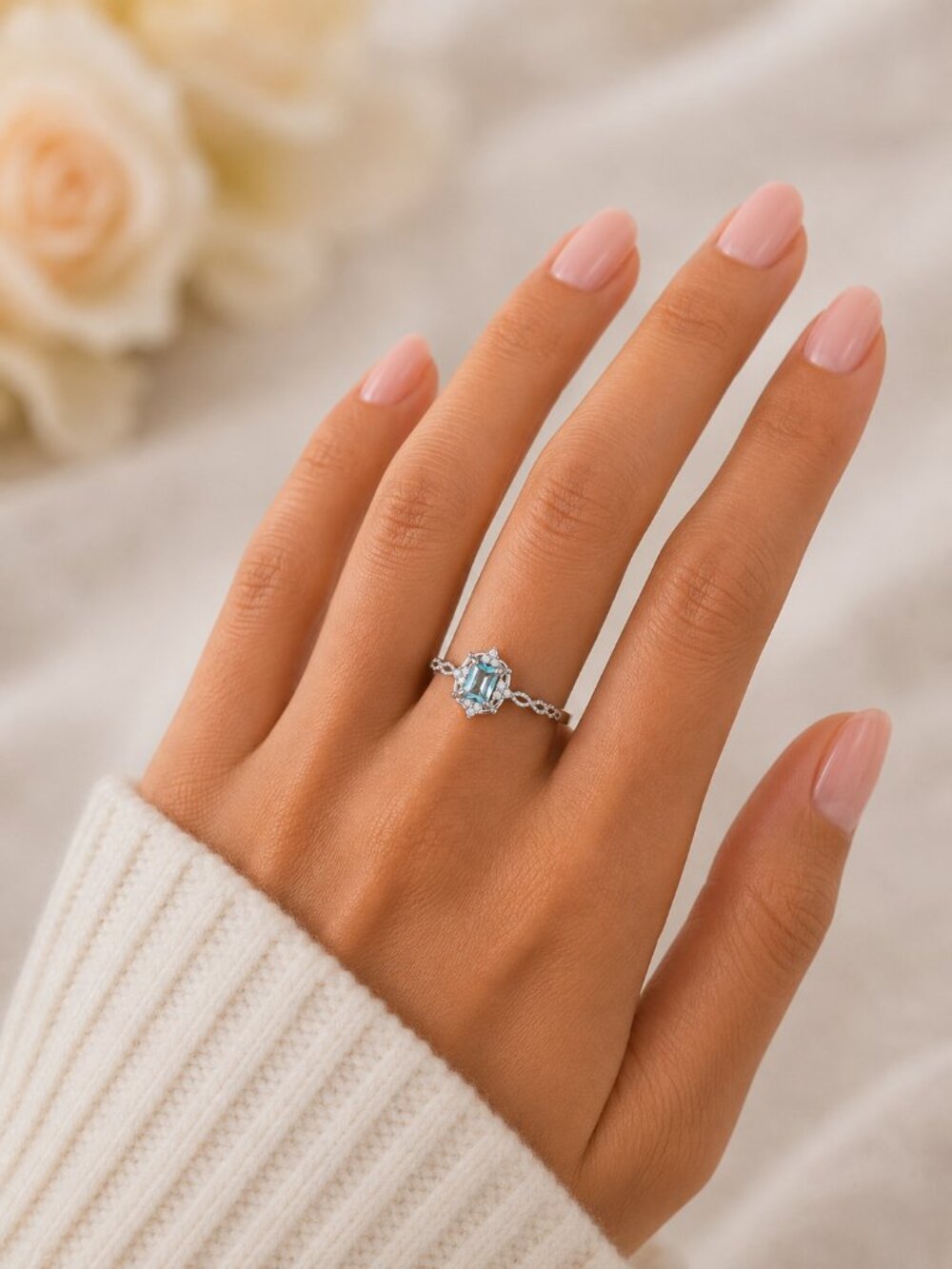 NEW 14k White Gold Aquamarine Diamond Ring Emerald Cut - Picture 6 of 6